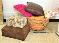 Basket of Throw Pillows and Two Stools