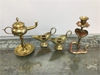 Brass candle sticks & oil lamp