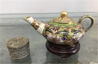 Vintage cloisonne tea pot & plated ring box