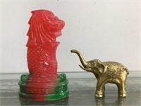 Singapore Merlion & brass elephant figures