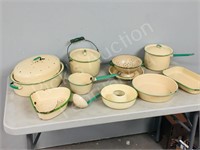lot- cream & green enamel ware