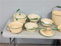 lot- cream & green enamel ware