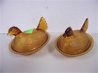 Pair  Amber Glass Hens On Nest