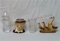 Vintage Head Vase, Glass Vase & Geese Figurine