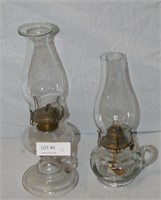 2 ANTIQUE GLASS RED HILL STYLE OIL LAMPS