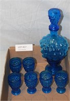 VINTAGE BLUE PRESSED GLASS DECANTER, 6 SHOT GLASS