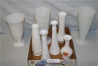 FLAT BOX OF MILK GLASS AND WHITE ART GLASS