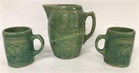 Green Crock Pitcher &  2 Mugs