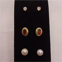 3 Pairs 14K Earrings Diamond Garnet Pearl