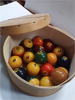 Old pool balls 2 que balls in cheese box