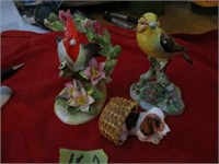 2 Royal Adderley bird statues & dog in basket