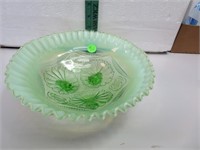 Vtg Green Opalescent Glass Bowl 8&3/4" x 8&1/2"