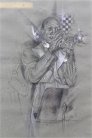 Golden Age of Jazz Gouache Drawing. Signed.