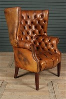 Labeled English Leather Barrel Back Wing Chair