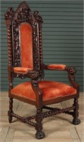 Late 19th C. Carved Walnut Throne Chair