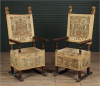 Pair Antique Italian Carved Walnut Armchairs