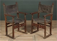 Pair Antique Italian Leather Open Arm Chairs