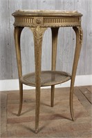 Gilt Wood Marble Top and Caned Taboret