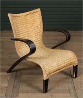 Woven Grass & Ebonized Bent Wood Lounge Chair