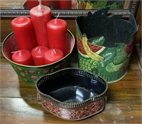 9PC ASSORTED LOT RED CANDLES METAL CONTAINERS