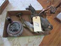 cast horse, quail statues, fisherman