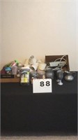 Pewter set, mini lamp shades, plastic ware and
