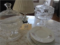 Coin compote dish, glass lamp, assorted plates
