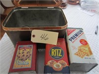 Copper bread box, 3 assorted cracker tins