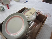 8 place pink/gray dishes, 6 pink stemware