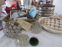 Pie plate, glass frogs, ashtray in basket