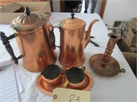 Copper cream, sugar, coffee pots
