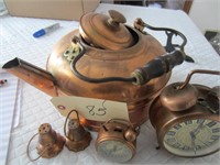 Copper alarm clocks, salt & pepper, tea kettle