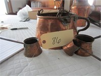 Copper hanging pot, 3 small melting pots