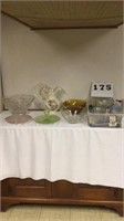 Depression glass 2 pieces and misc glassware