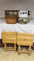 Set of 4 TV trays, wood box and globe and