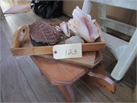 tray, seashells, stool