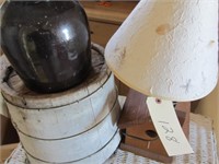 lamp, wooden bucket, brown jug