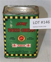 ACME PARIS GREEN 1-LB. POISON CONTAINER W/CONTENTS