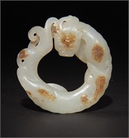 Chinese White Jade Carved Chilong Ring, 18th C#