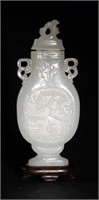 Chinese Carved White Jade Lidded Vase, 18 C#