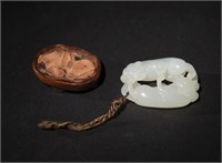 Chinese White Jade Toggle w/ Badgers, 18th C#