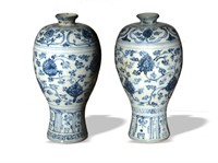 Pair of Blue and White Meiping Vases, 15-16th C#