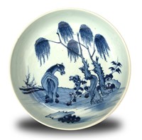 Chinese Blue & White Charger w/ Horses, Yongzheng