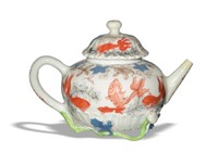 Chinese Wucai Carved Porcelain Teapot, Kangxi