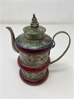 Antique Etched Brass Chinese Cloisonne Teapot