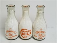 3 Vintage Nevada Dairy Round 1 Quart Milk Bottles