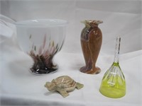 art glass bowl. stone vase & frog, glass bell