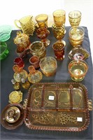 LOT OF AMBER PRESSED GLASS ITEMS