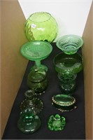 LOT OF GREEN GLASS ITEMS,