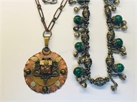 Mexican Copper Medallion & Malachite Bead Necklace